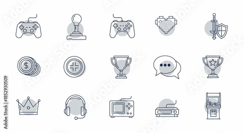 Collection of gaming-themed line art icons with subtle color accents.