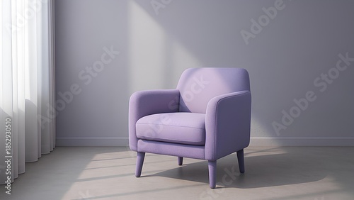 Minimal purple armchair in bright modern interior with soft daylight