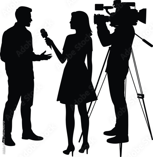 Female television reporter interviewing man with professional cameraman silhouette black vector illustration isolated on white background modern news media concept