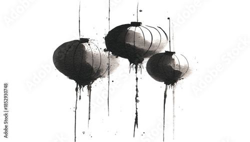 Three Asian paper lanterns in monochrome, suspended against a black background