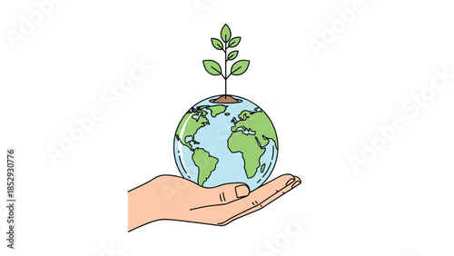 A gentle hand cradles a vibrant globe from which a small plant sprouts, powerfully symbolizing environmental care, growth, and sustainability.