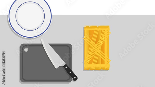 Top view vector illustration of kitchen tools for preparing food.