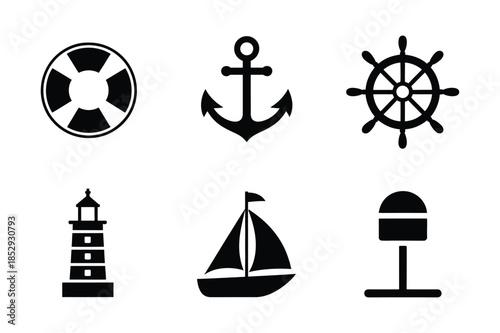 Maritime Nautical and Sailing Voyage Solid Vector Icon Set