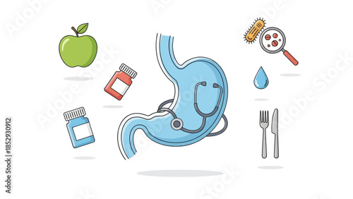 Conceptual Illustration of a Stomach with Various Associated Items and Microorganisms