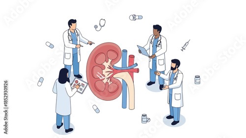 Medical professionals discussing kidney function and treatment options in a detailed illustration