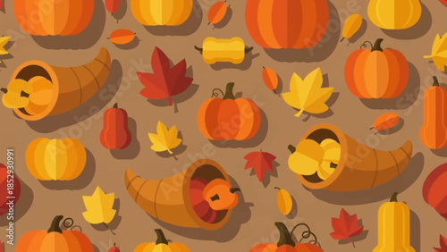 Seamless Thanksgiving pattern with pumpkins, cornucopias, and autumn leaves.