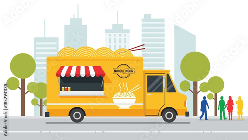 Yellow Asian noodle food truck with a red and white striped awning.