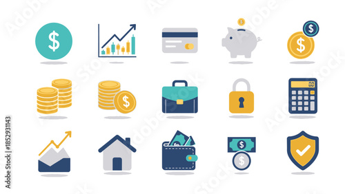 Colorful flat design icon set for finance business and banking.