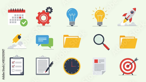 Flat design icon set for business project management and startup concepts.