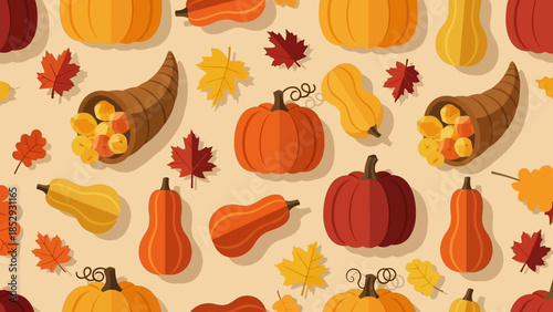 Seamless autumn pattern with pumpkins, gourds, and cornucopias.