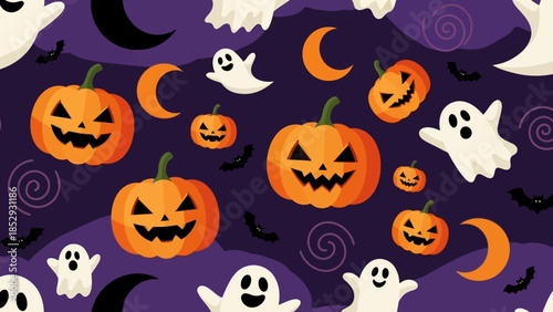 Spooky Halloween seamless pattern with cartoon ghosts and pumpkins.