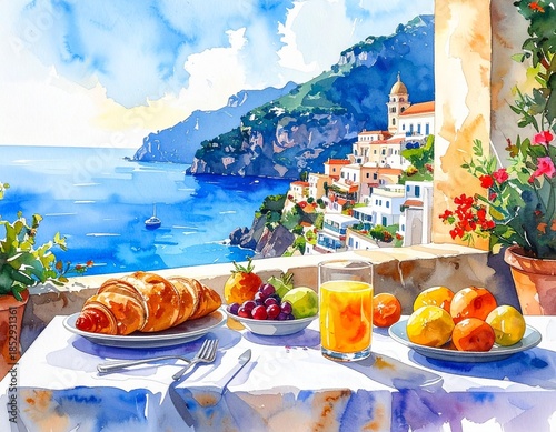hand drawn watercolor painting of breakfast in Amalfi coast. romantic painting with