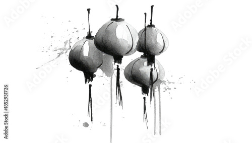 Monochrome illustration of four hanging paper lanterns, with string details, on black