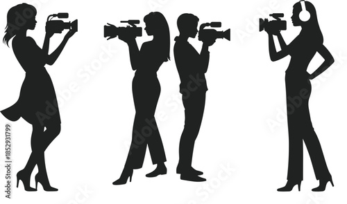 Female videographer silhouettes filming with professional video cameras for media production journalism broadcasting isolated vector illustration set collection modern design
