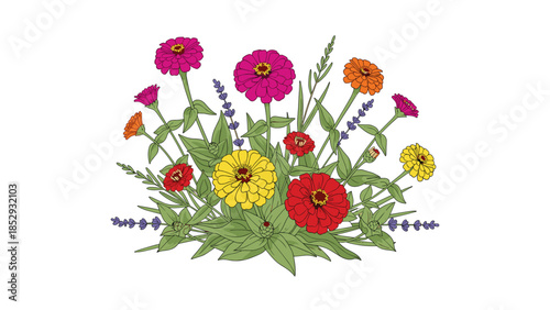 A cheerful bouquet of vibrant zinnia flowers in various colors, intertwined with delicate lavender and lush green foliage, blooms beautifully.