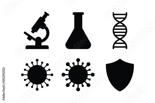 Science research and medical laboratory black icon set