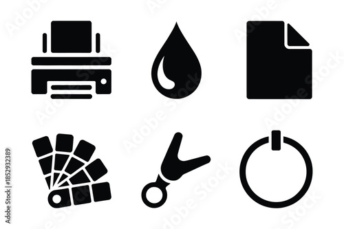 Graphic design and printing service black icon set