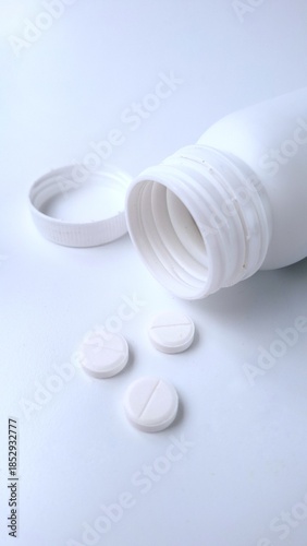White plastic bottle with a screw cap on a smooth, light-colored surface. Three round, white pills with scoring lines lie nearby. The bottle is open, and the cap is positioned beside it.