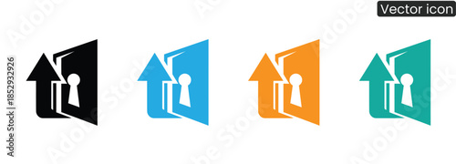 A set of four vector icons featuring a key unlocking a door with an upward arrow, symbolizing growth and opportunity in various colors