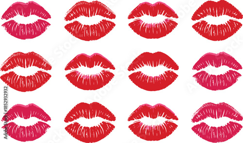 Red Lipstick Kiss Marks in Rows on White Background
