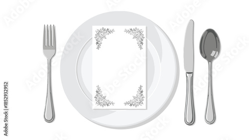 An elegant place setting features a pristine white plate, gleaming fork, knife, spoon, and a blank decorative card, ready for a special meal.