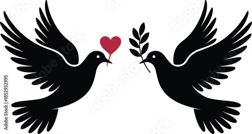 Two black doves with heart and olive branch love
