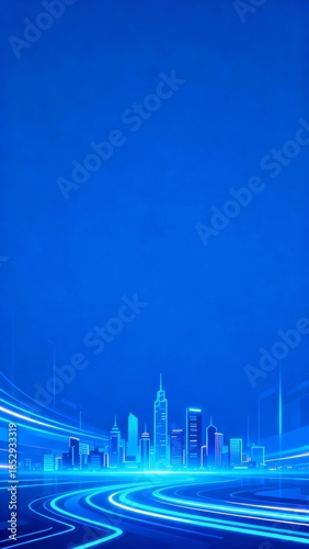Blue city skyline with light trails