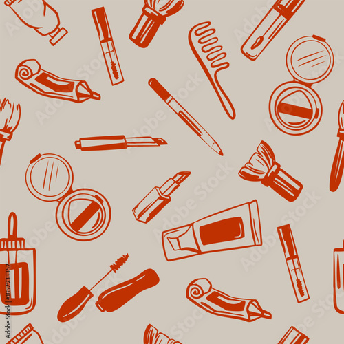 Seamless hand drawn makeup and beauty products  pattern with lipstick, mascara, cream, cushion, and brushes. Vector illustration. 