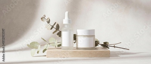 Cosmetic bottle mockup with blank label on clean studio background