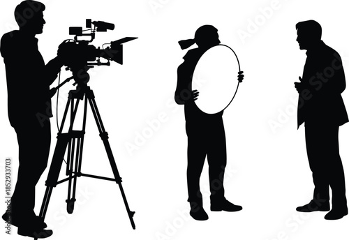 Film crew silhouettes with camera operator lighting assistant reflector and presenter recording professional video production behind scenes studio concept illustration