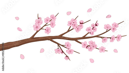 A delicate cherry blossom branch, adorned with soft pink flowers and gracefully falling petals, captures the ephemeral beauty of spring.