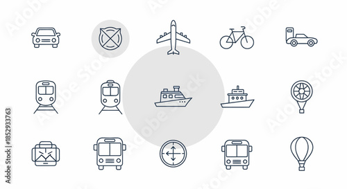 Collection of various transportation icons, including cars, trains, airplanes, bicycles, and ships, arranged in a circular layout.