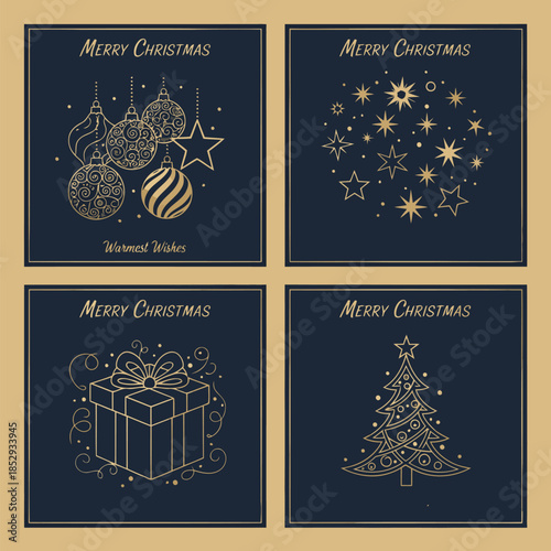 Elegant set of four festive gold line art Christmas cards on dark blue perfect for holiday greetings