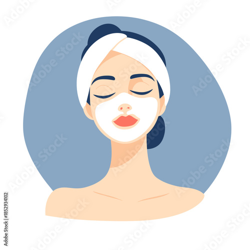 Woman with white facial mask and towel head wrap relaxing with closed eyes in minimalist flat style skincare beauty illustration on blue background