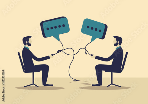 Businessmen connecting conversation plugs with speech bubbles communication concept collaboration dialogue discussion teamwork flat vector illustration