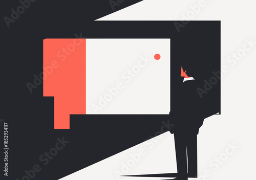 Businessman silhouette observing minimalist abstract geometric art with red and black shapes against white background in modern gallery space vector illustration
