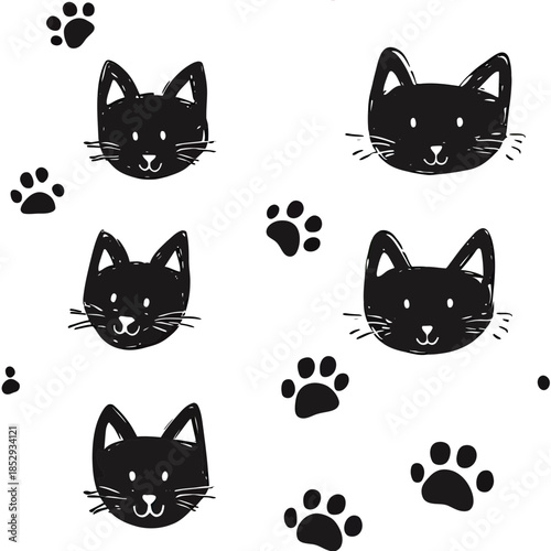 Seamless pattern of hand drawn black cat faces and paw prints on white background cute minimalist doodle pet animal design vector illustration
