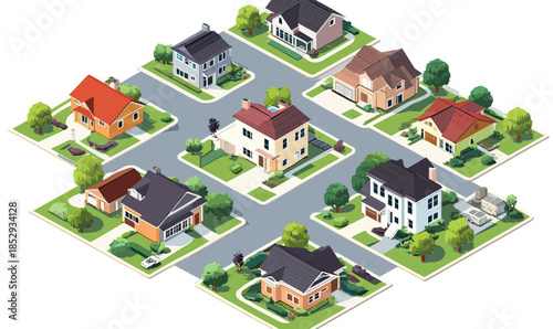 Isometric suburban neighborhood with modern detached houses, green lawns, paved streets, trees, and driveways in flat minimalist vector style illustration