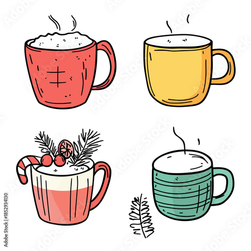 Hand drawn sketch set of four steaming winter drinks in colorful mugs with festive decoration and cozy cozy beverage concept in flat minimalist style