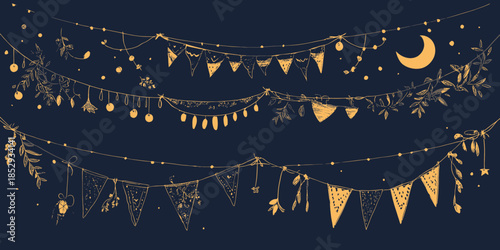 Hand drawn decorative party garlands with pennants, fairy lights, leaves, crescent moon and hanging ornaments in minimalist line art style on dark background vector illustration