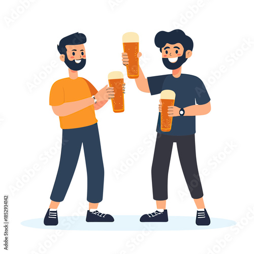 Two male friends celebrating with beer mugs in casual outfits flat minimalist vector illustration of friendship and leisure activity with happy expressions and beards