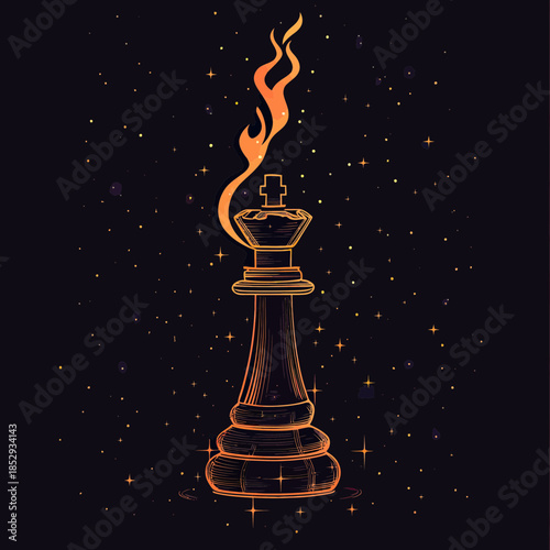 Glowing King Chess Piece with Flame Effect and Starry Space Background Abstract Strategy Concept Vector Illustration