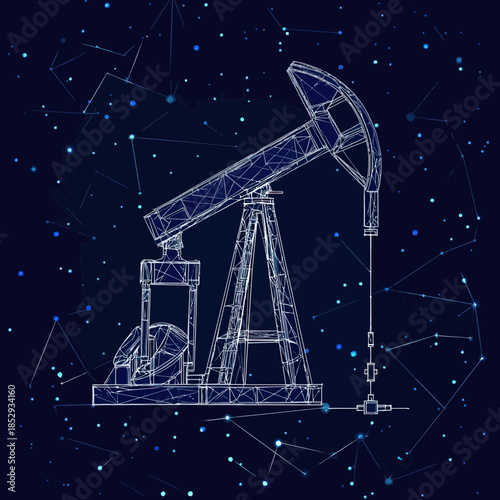 Digital wireframe illustration of oil pump jack machinery on dark night sky background with star constellation network for petroleum industry energy concept design