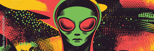 Surreal green alien face with large red eyes and abstract colorful halftone background in retro pop art style vector illustration