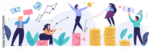 Group of people celebrating financial success and investment growth with coins, charts, money symbols, and business activity in flat minimalist style vector illustration
