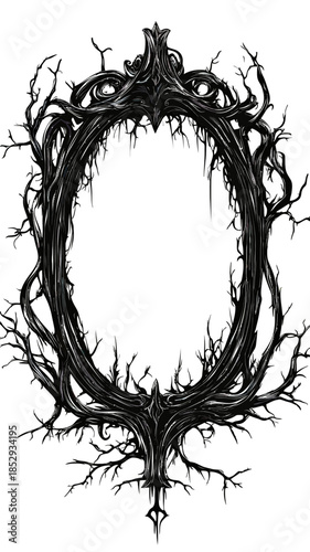 Intricate dark gothic oval mirror frame with twisted thorny branches and sharp stylized elements isolated on white background vector illustration