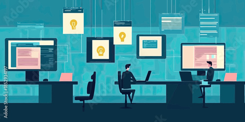 Office workspace with programmers working on desktop computers and laptops with floating digital interface elements in modern technology environment