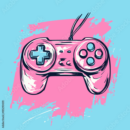 Retro style hand drawn game controller with buttons and directional pad over vibrant color splash background for gaming concept illustration vector