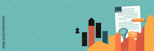 Abstract vector illustration of business investment growth with paper report, bar chart, upward arrow, and financial elements on teal background banner design