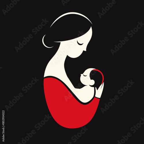 Minimalist vector illustration of mother holding baby close with gentle embrace on black background in red and white silhouette style showing maternal love and care
